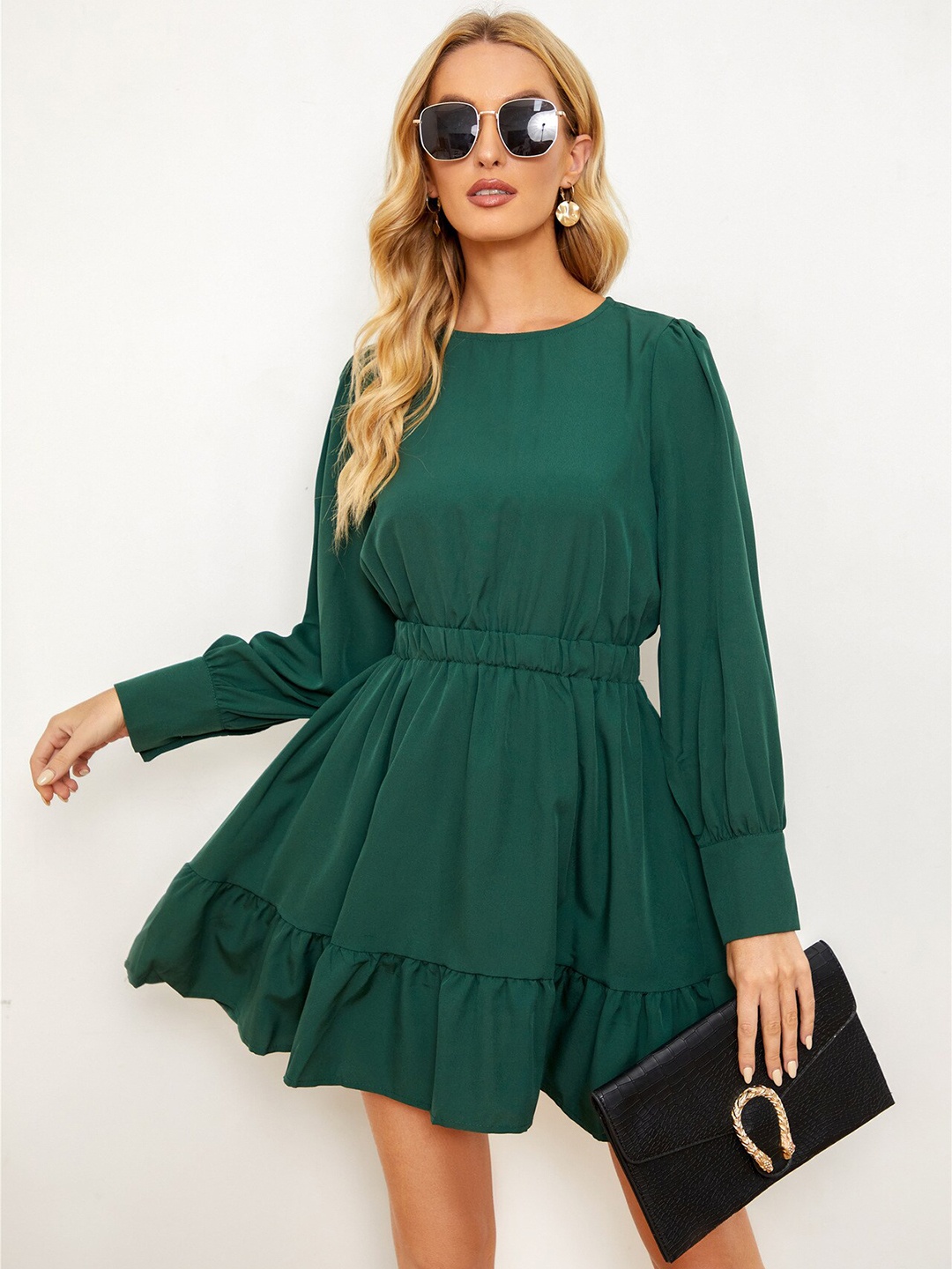 

StyleCast Green Puff Sleeve Cotton Fit & Flare Dress