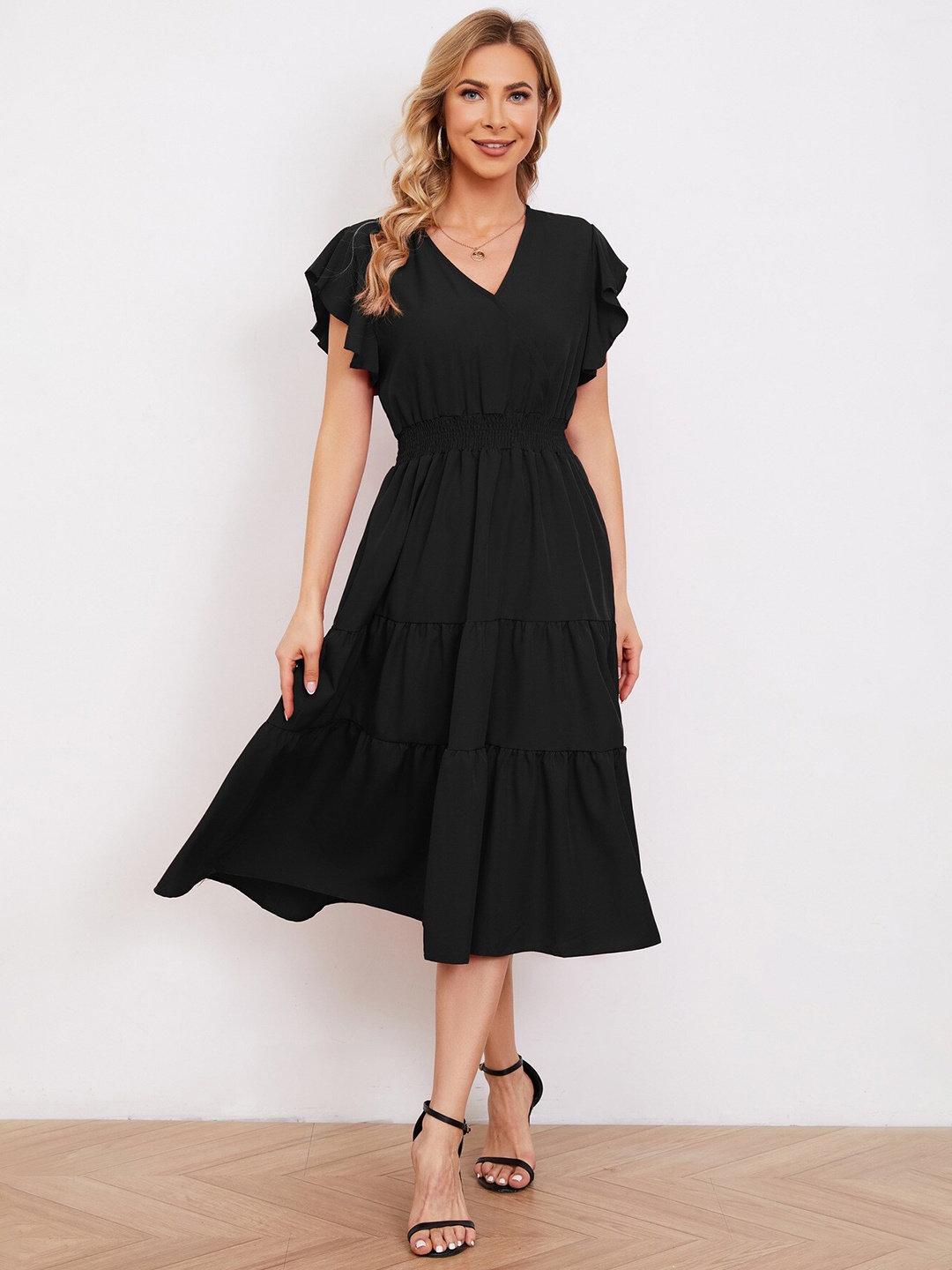 

StyleCast Black Flutter Sleeve Fit & Flare Midi Dress