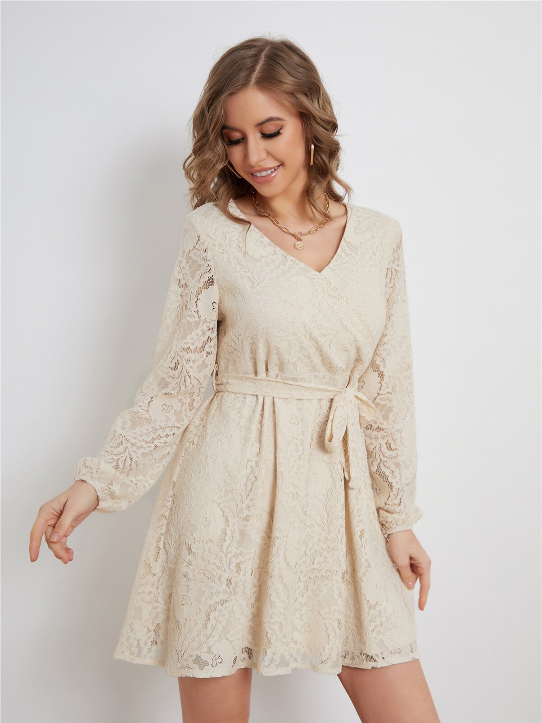 

StyleCast Beige Self Design Fit & Flare Dress