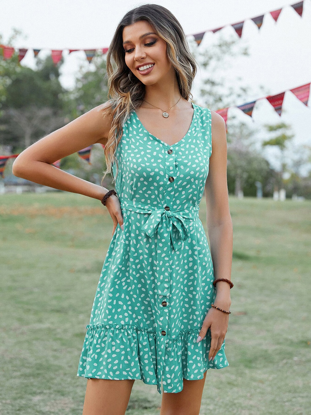 

StyleCast Green & White Abstract Printed Sleeveless Cotton Fit & Flare Dress With Belt