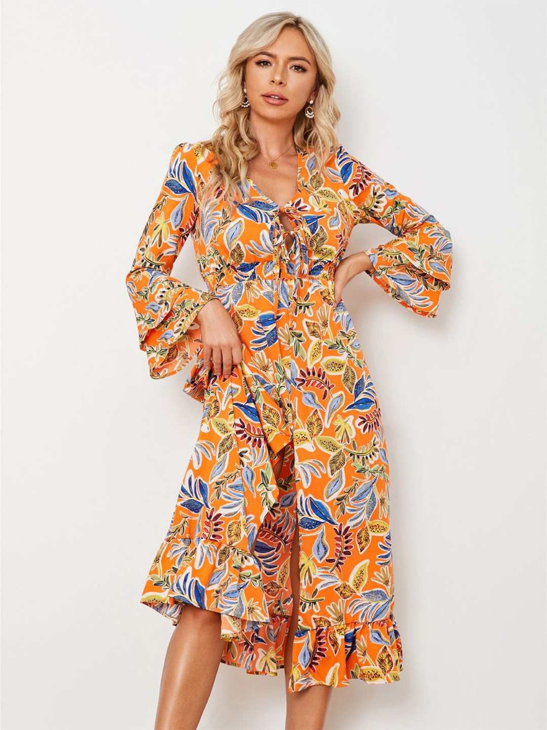 

StyleCast Orange & Blue Floral Print Bell Sleeve Cotton Fit & Flare Midi Dress