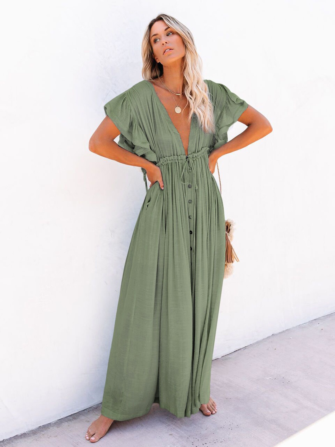 

StyleCast Green Kimono Sleeves V Neck Cotton Maxi Dress