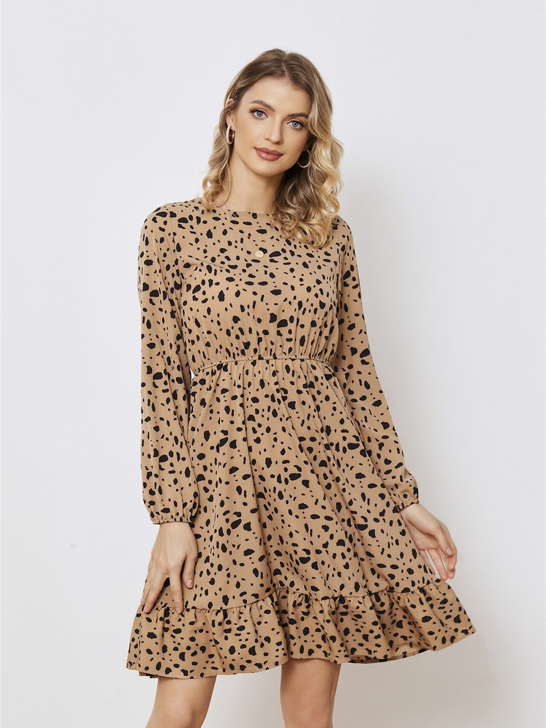 

StyleCast Brown & Black Animal Print Puff Sleeve Cotton Fit & Flare Dress