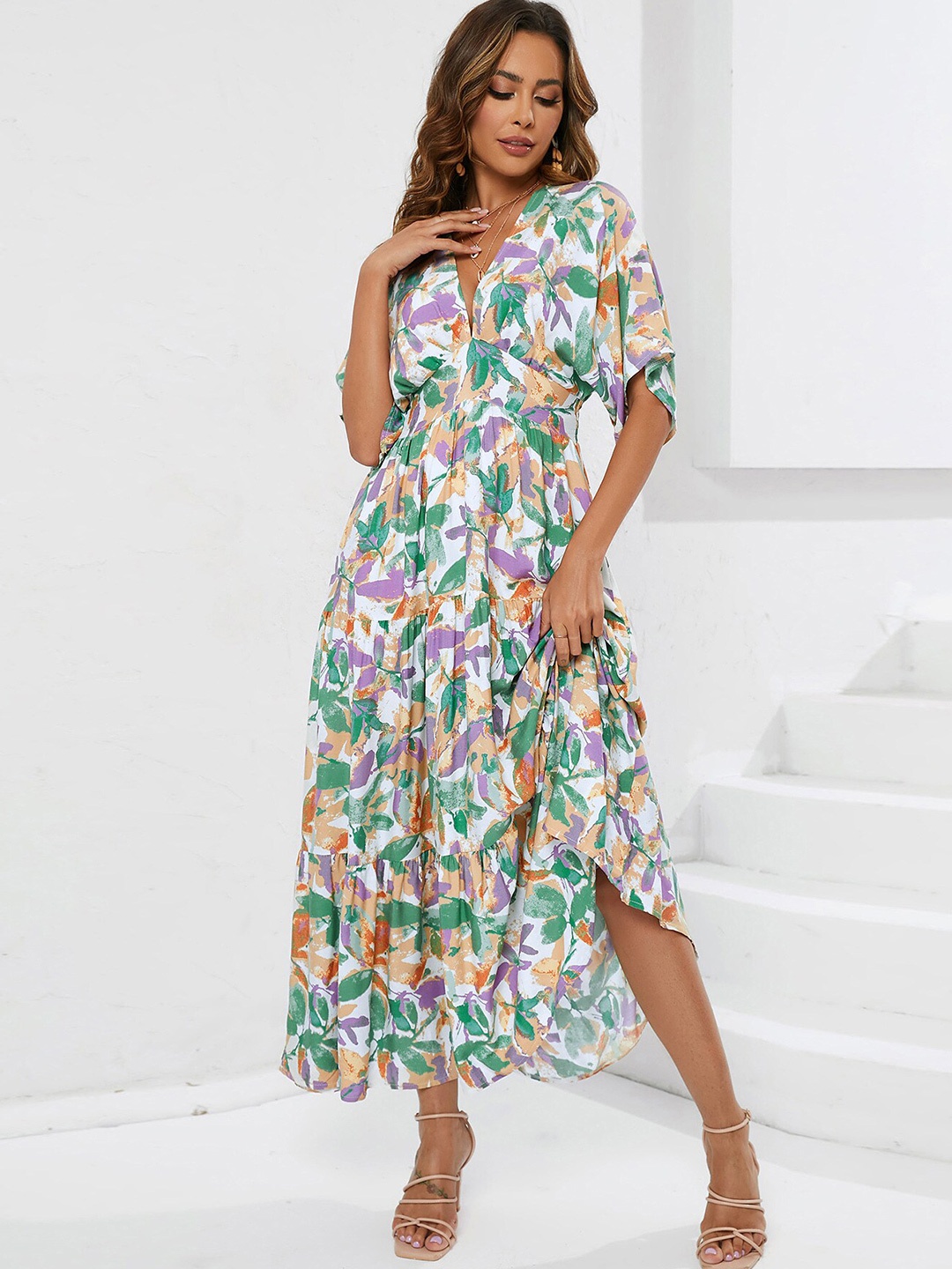 

StyleCast White Floral Print Flared Sleeve Cotton Maxi Dress