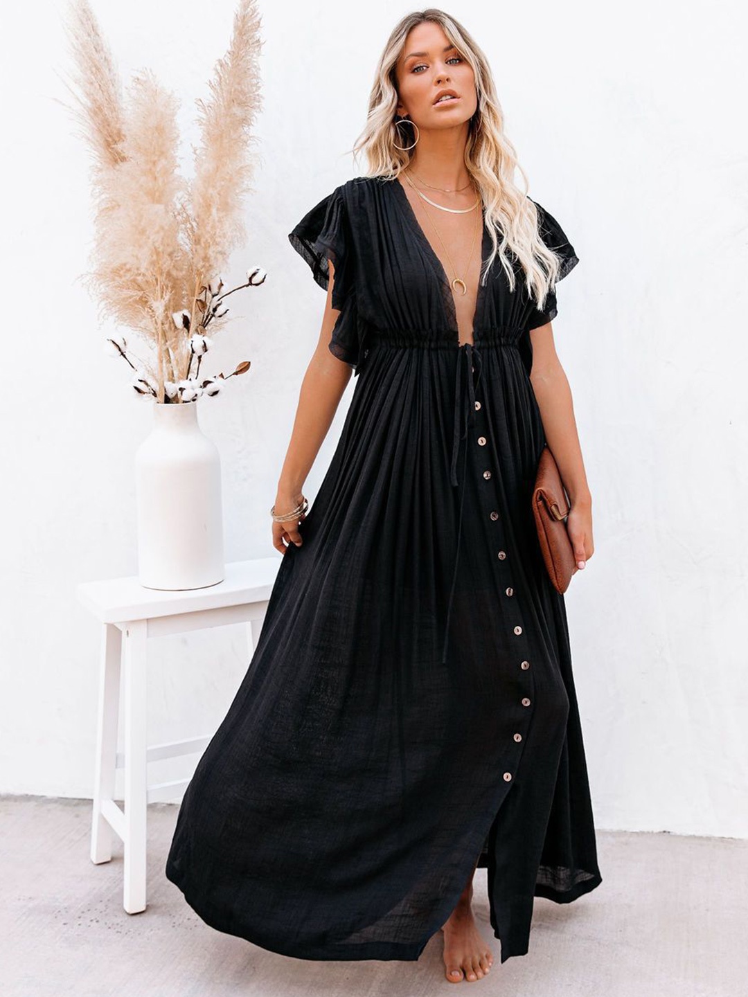 

StyleCast Black V Neck Flared Sleeves Maxi Dress