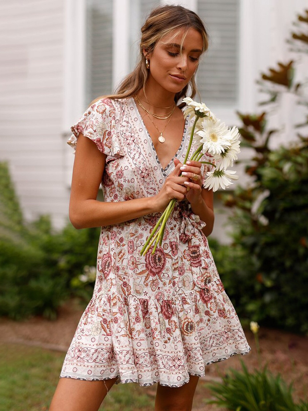 

StyleCast Off White & Pink Floral Print Cotton A-Line Dress