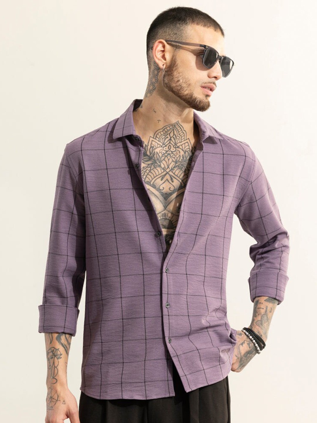 

Snitch Classic Spread Collar Long Sleeves Cotton Casual Shirt, Purple