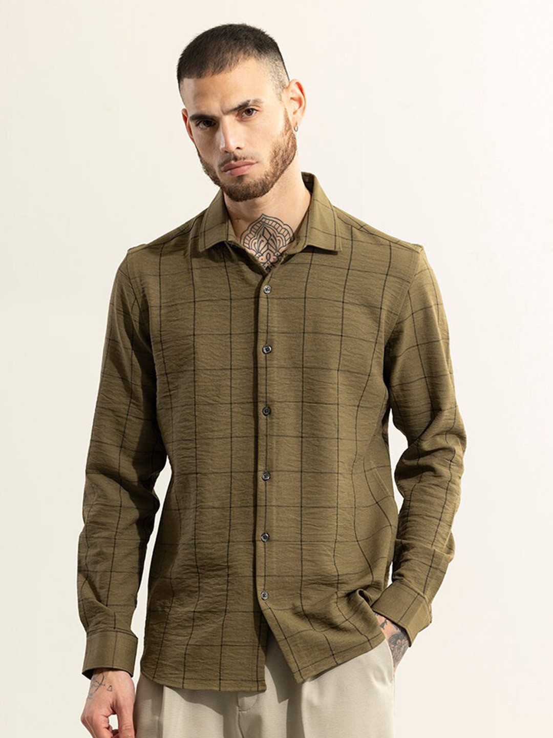 

Snitch Classic Spread Collar Long Sleeves Cotton Casual Shirt, Olive