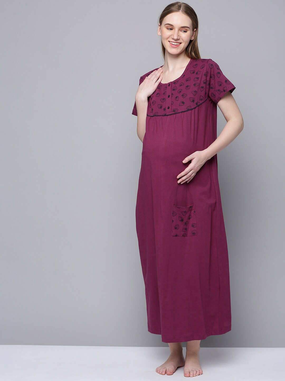 

Kryptic Conversational Printed Pure Cotton Maternity Maxi Nightdress, Burgundy