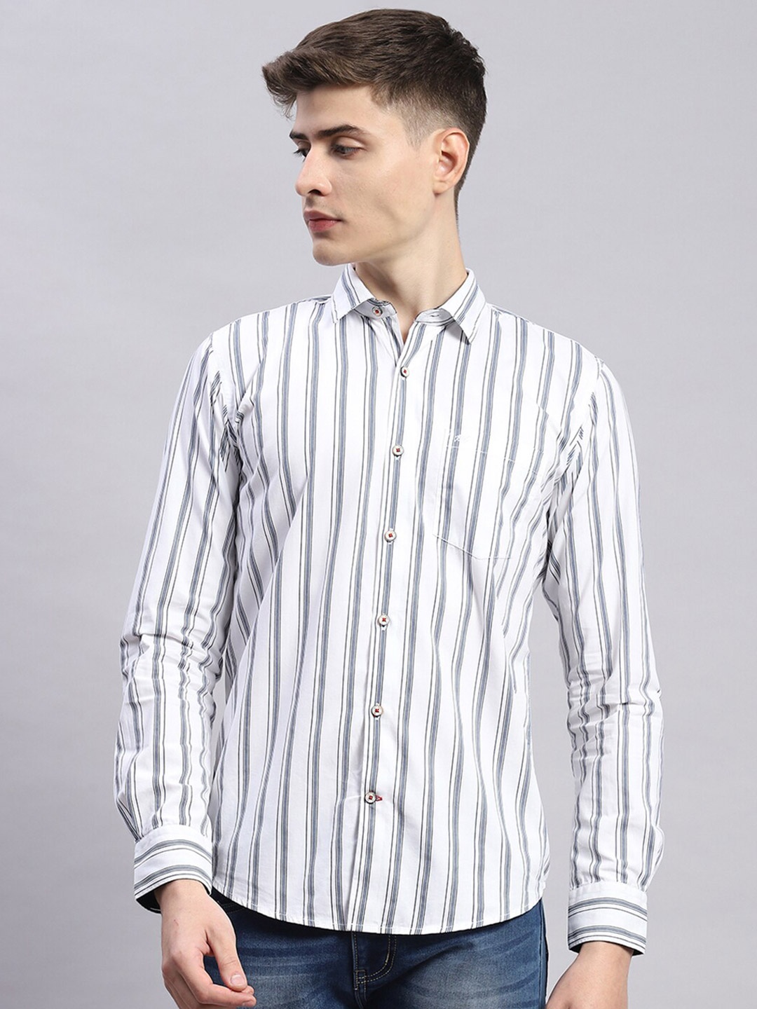 

Monte Carlo Classic Slim Fit Opaque Striped Cotton Casual Shirt, White