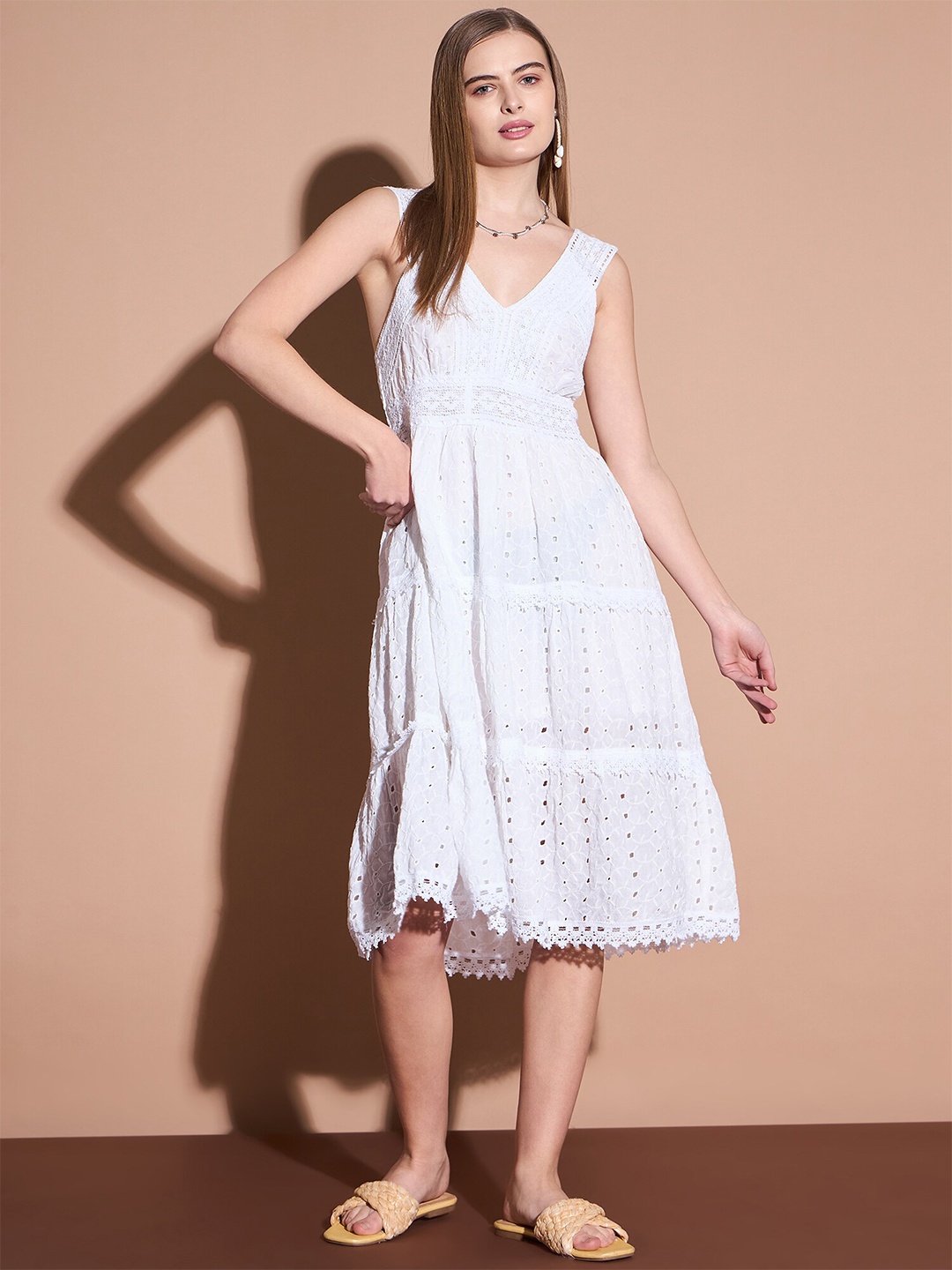 

DressBerry White V-Neck Cotton Empire Midi Dress