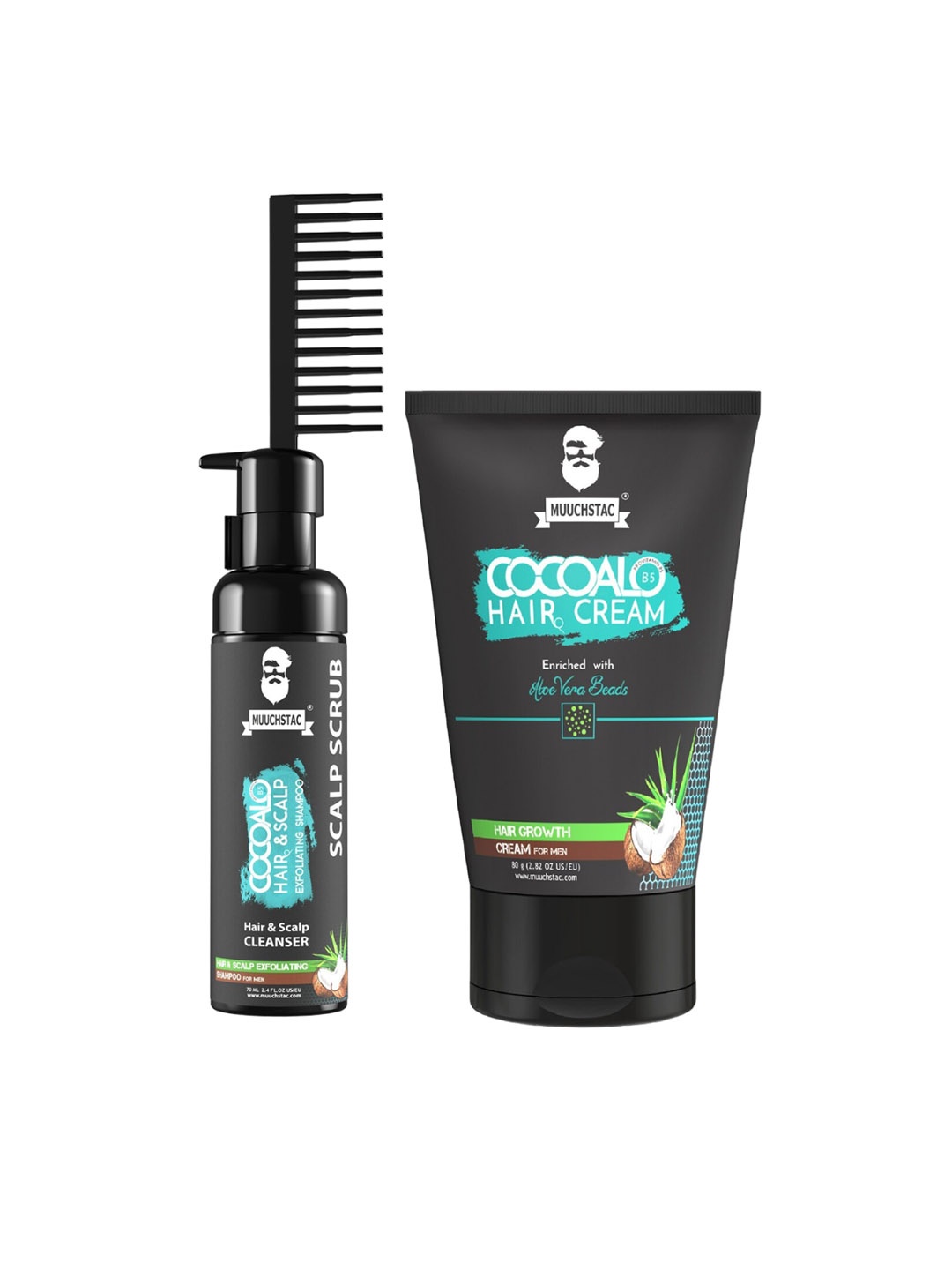 

MUUCHSTAC Cocoalo Set of Scalp Exfoliating Shampoo - 70 ml & Hair Growth Cream - 80 g, Black