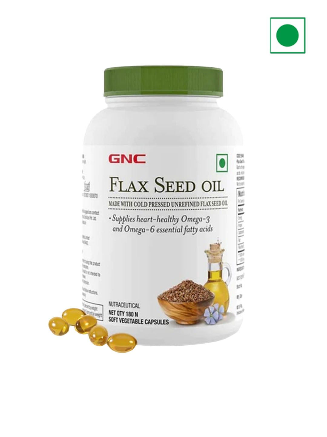 

GNC Flax Seed Oil Omega-3 Vegetarian Capsules- 180 Capsules, White
