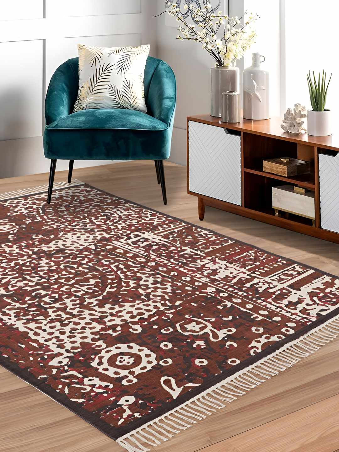 

Villedomo Villedomo Afterglow Brown Printed Anti Skid Pure Cotton Dhurrie, Gold