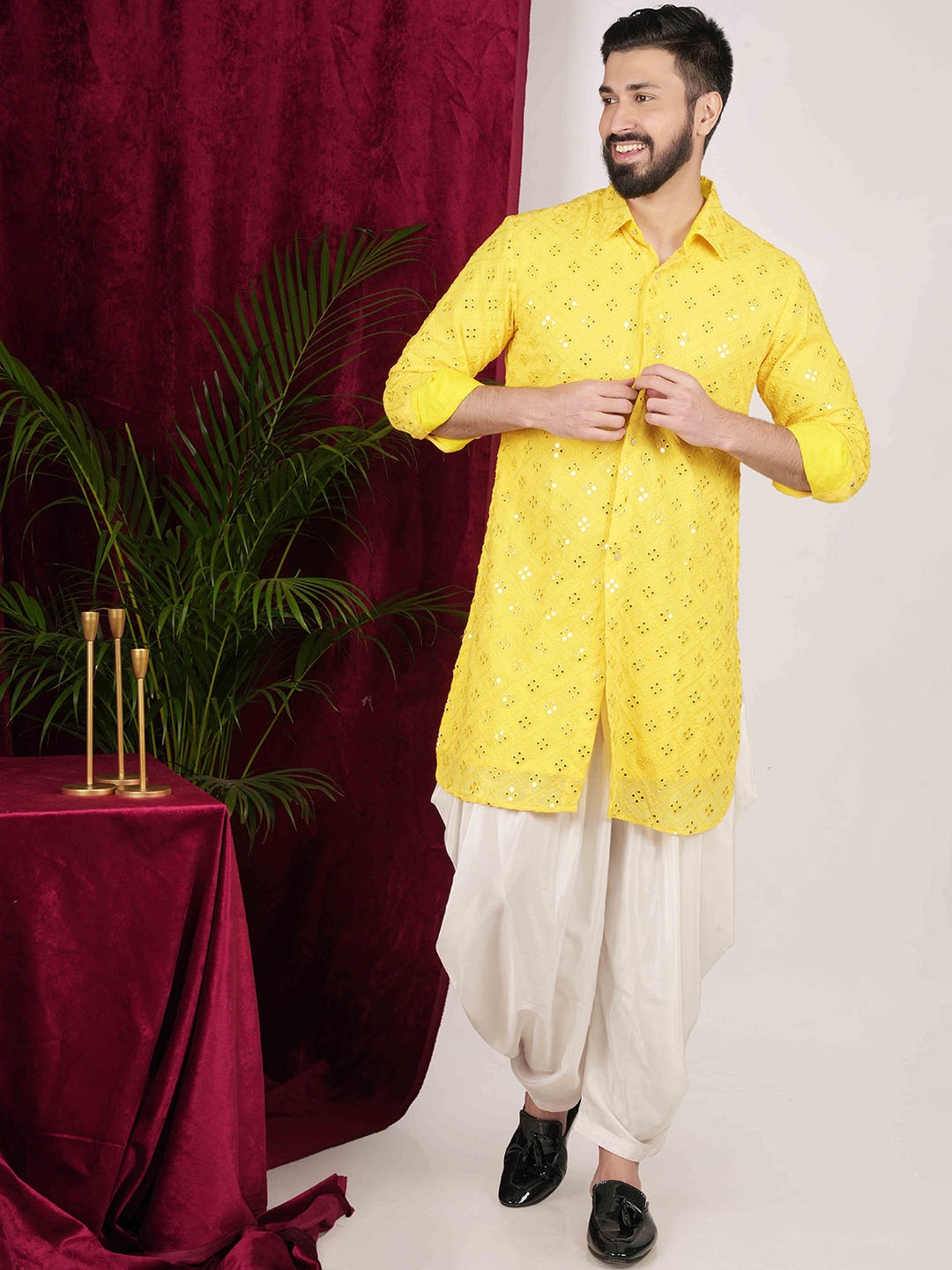 

sven suits Embroidered Regular Mirror Work Dupion Silk Kurta with Dhoti Pants, Yellow