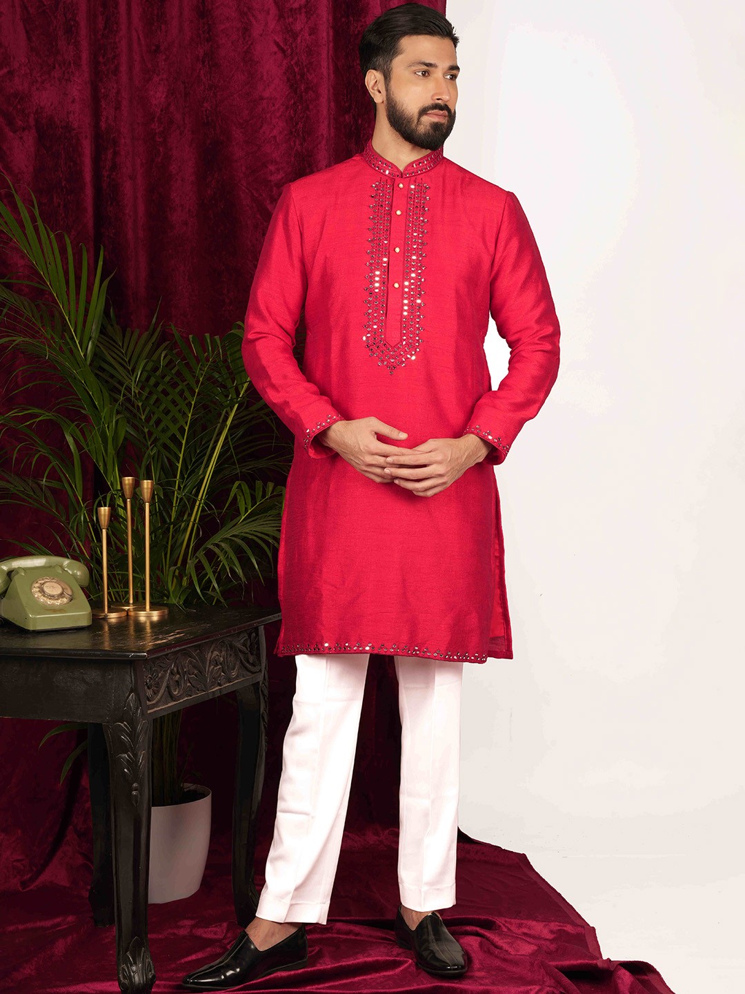 

sven suits Yoke Design Regular Mirror Work Dupion Silk Kurta with Trousers, Red