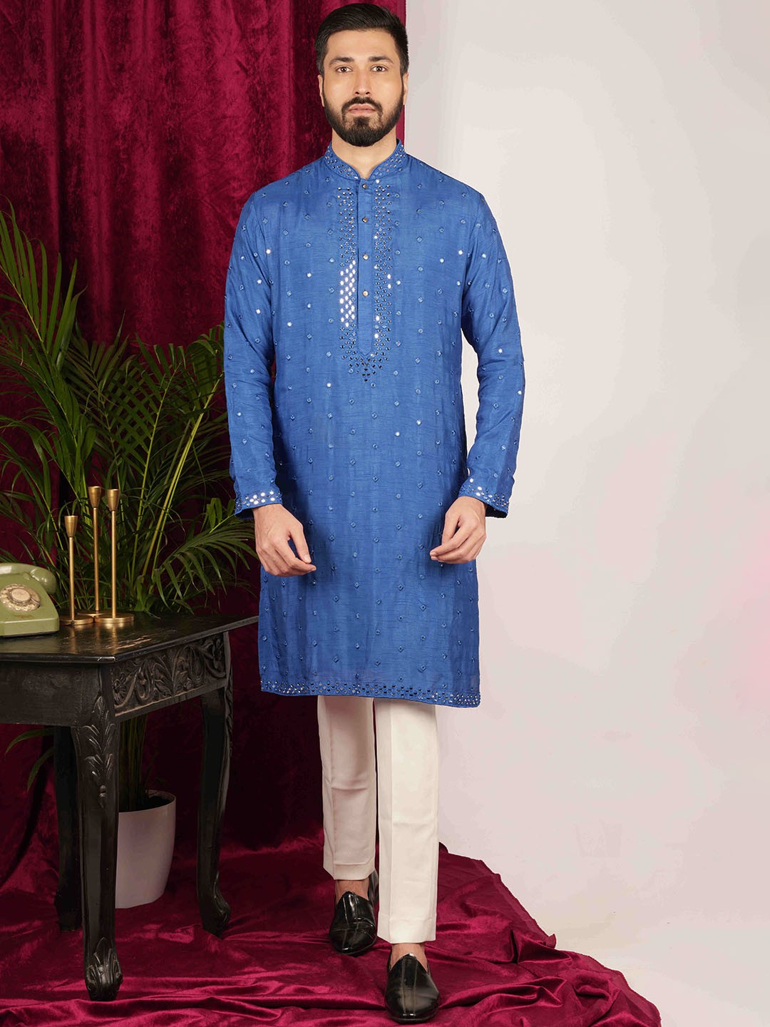 

sven suits Floral Embroidered Mandarin Collar Mirror Work Dupion Silk Kurta with Trouser, Blue
