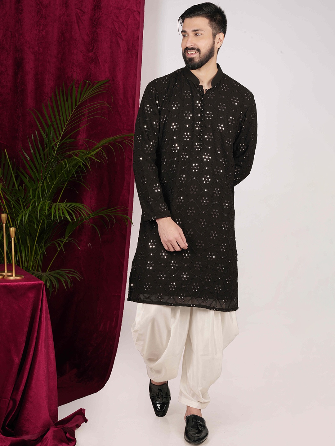 

sven suits Ethnic Embroidered Regular Mirror Work Dupion Silk Kurta with Dhoti Pants, Black