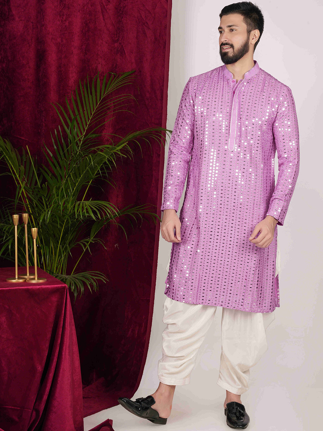 

sven suits Floral Embroidered Mandarin Collar Mirror Work Dupion Silk Kurta with Trouser, Lavender