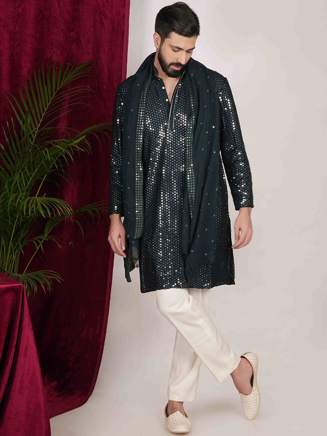 

sven suits Ethnic Motifs Embroidered Sequinned Dupion Silk Kurta with Trousers & Dupatta, Teal