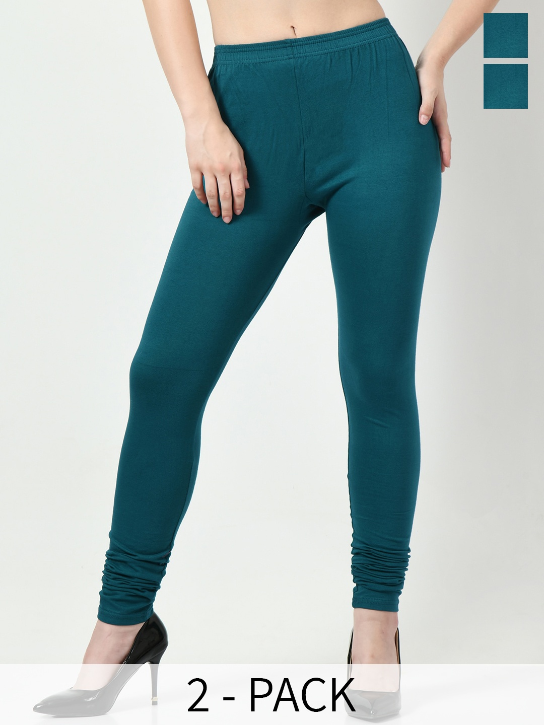 

BAESD Pack Of 2 Slim Fit Churidar Length Leggings, Sea green