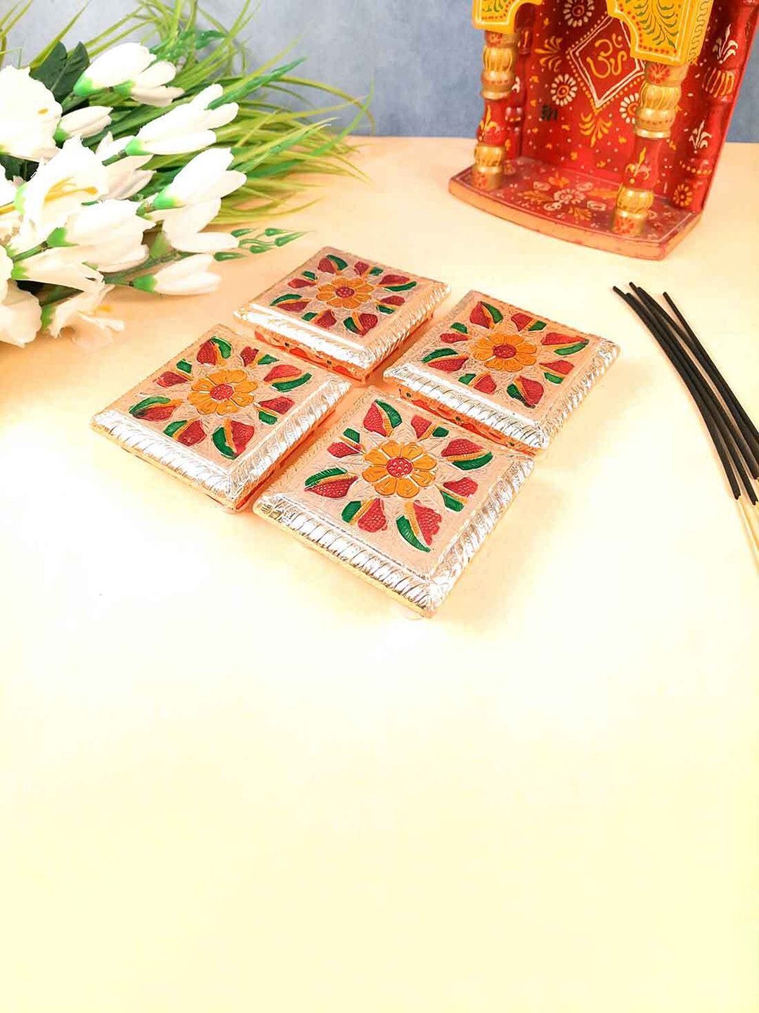 

apka mart GoldToned and Green 4 Pieces Brown Textured Chowki Bajot, Gold