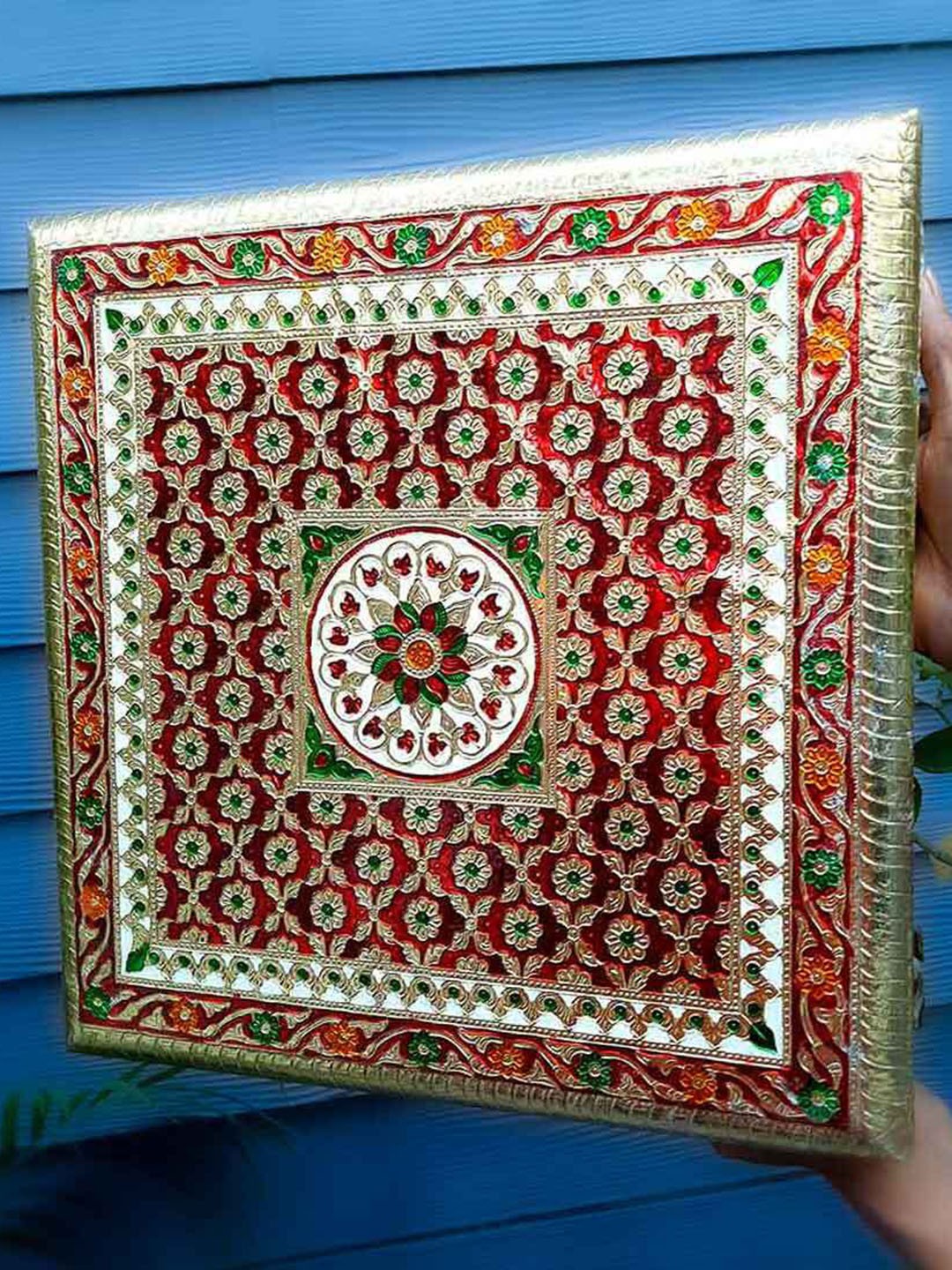 

apka mart Brown & Green Minakari Textured Wooden Chowki