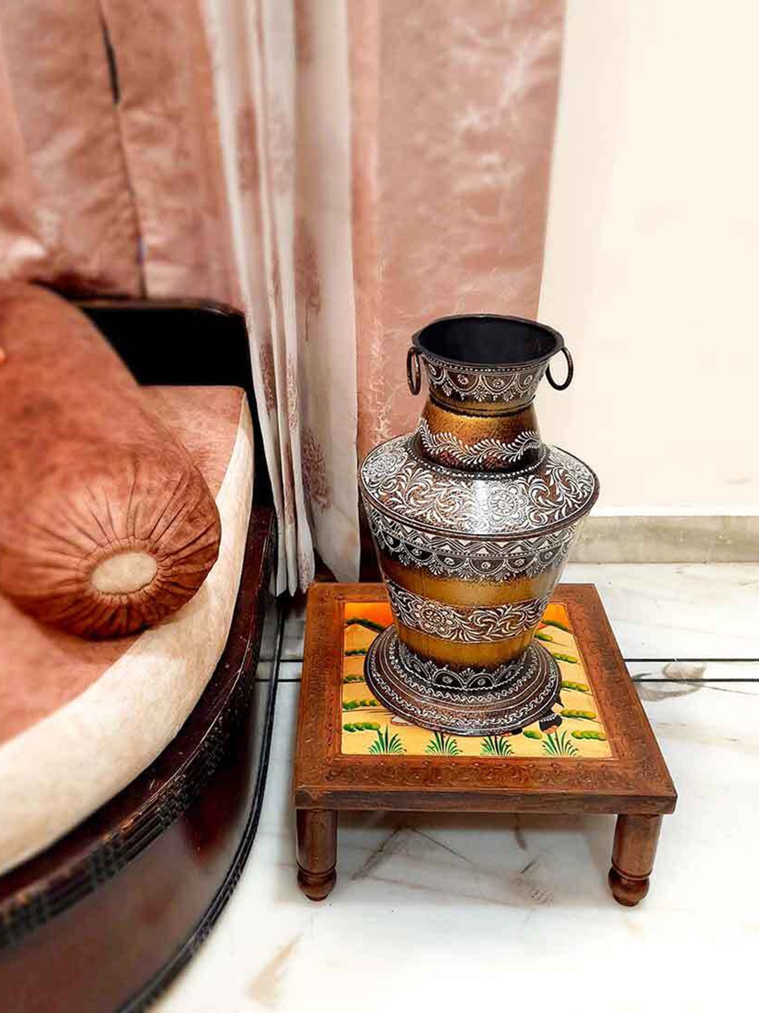 

apka mart Brown & Yellow Textured Wooden Chowki