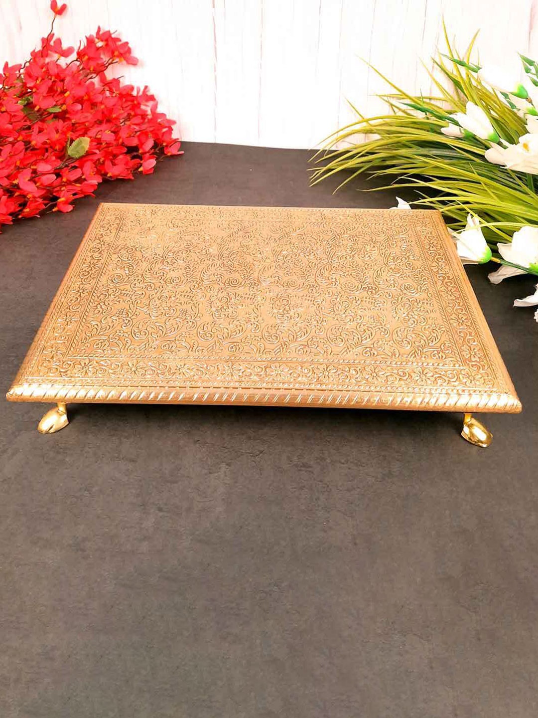 apka mart GoldToned Textured Wooden Brass Chowki, Gold