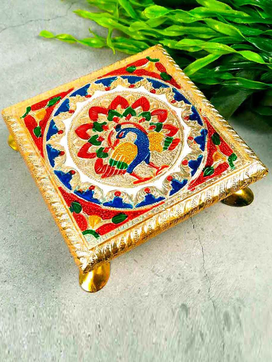 

apka mart Red & Yellow Wooden Minakari Chowki, Gold