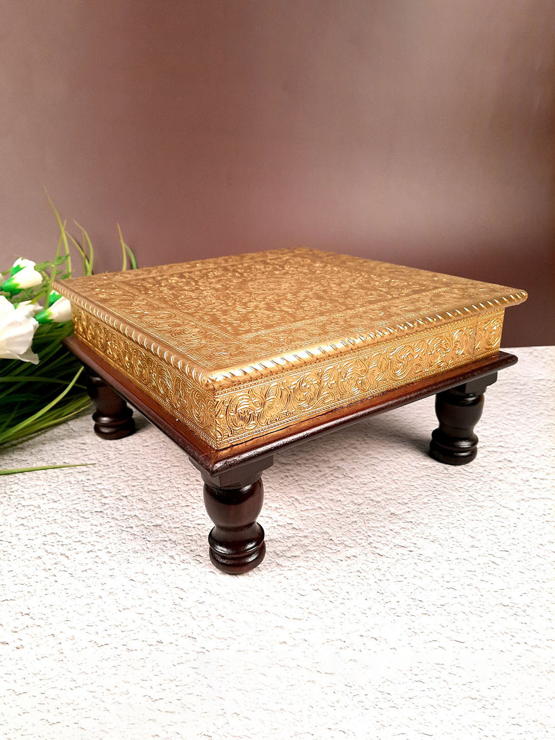 

apka mart GoldToned and Brown Brass Pooja Chowki Bajot, Gold