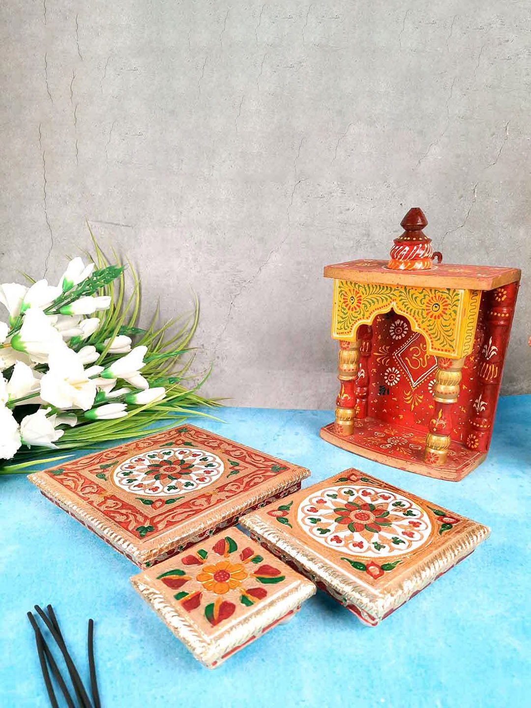 

apka mart Goldoned & Red 3 Pieces Bajot Pooja Chowkies, Gold