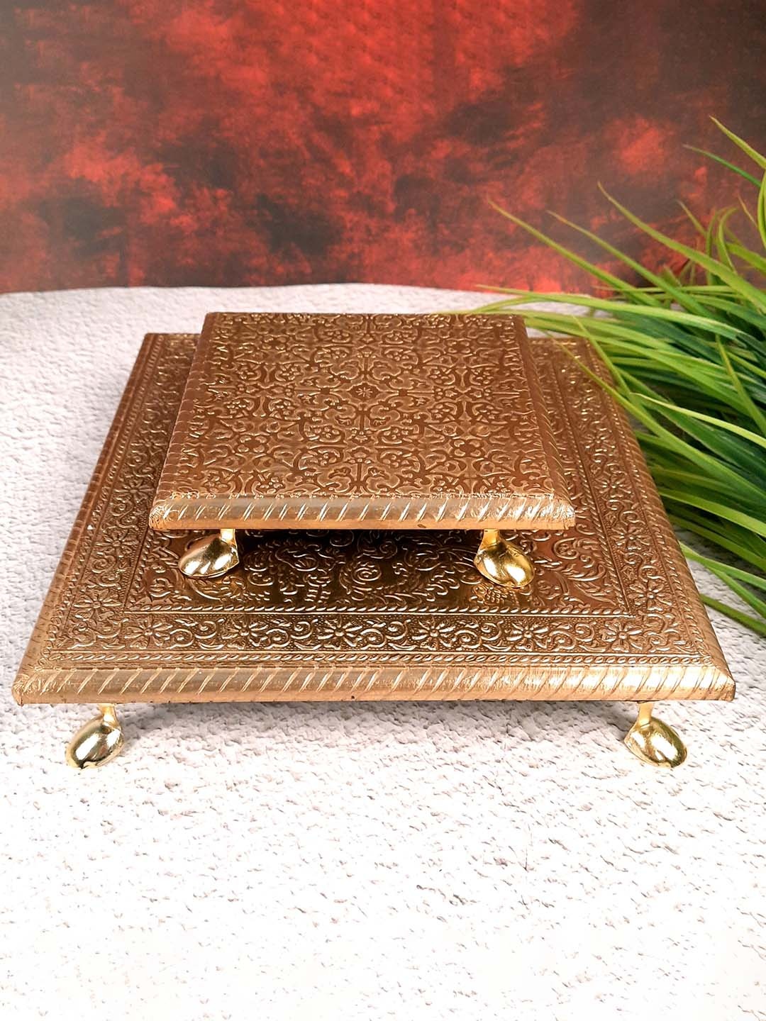 

apka mart GoldToned 2 Pieces Wooden Brass Pooja Chowki Bajot, Gold