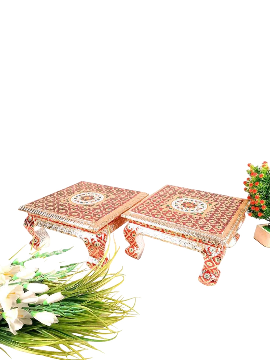 

apka mart Beige & Red 2 Pieces Minakari Puja Chowki