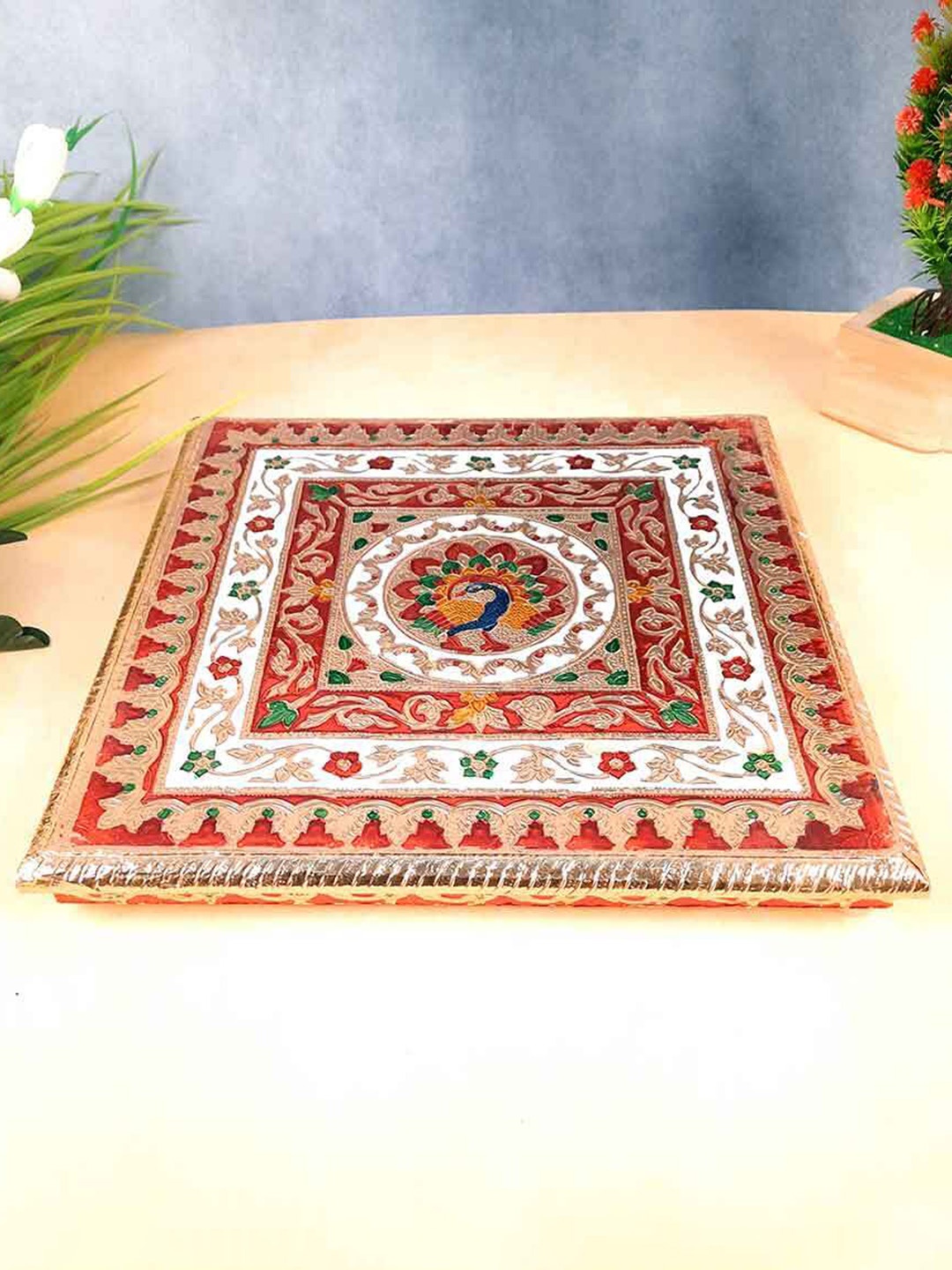 

apka mart Beige & Red Minakari Pooja Chowki