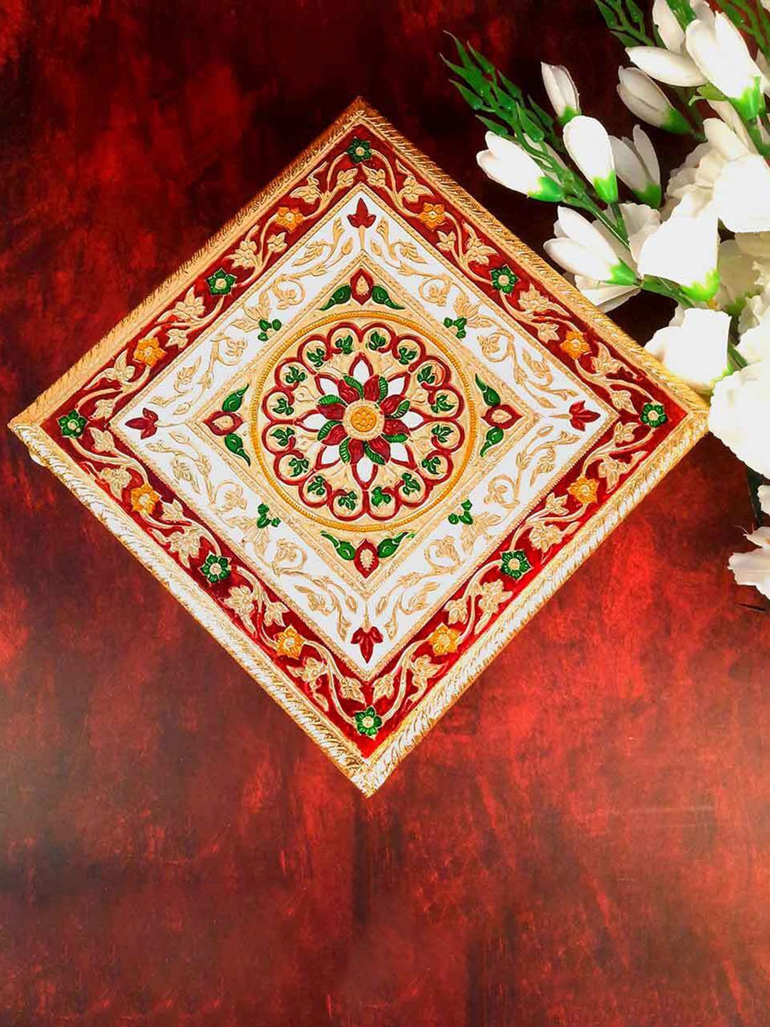 

apka mart GoldToned & Red Wooden Minakari Chowki, Gold