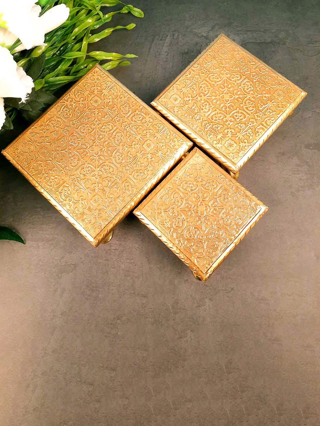 

apka mart GoldToned 3 Pieces Brass Work Pooja Chowkies, Gold