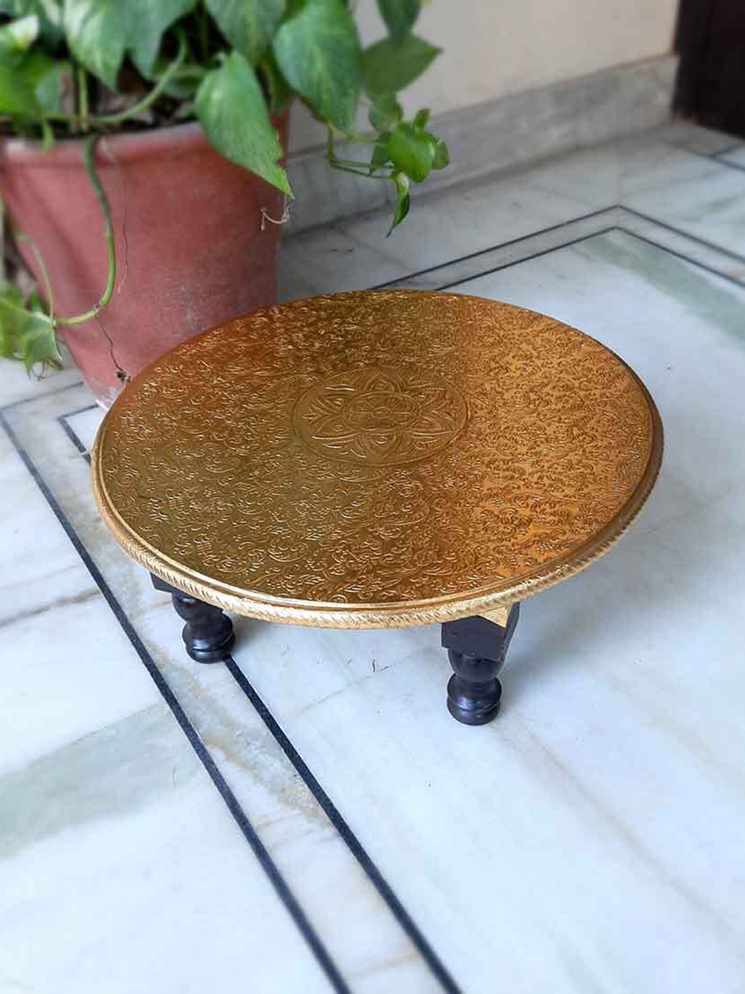 

apka mart Brown Brass Embellished Chowki, Gold