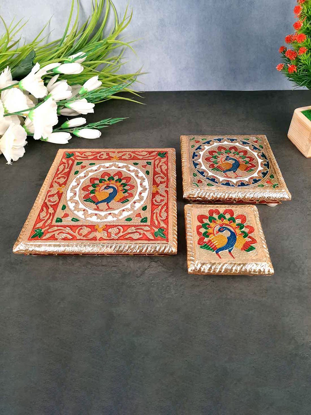 

apka mart Beige & Red 3 Pieces Meenakari Pooja Chowki