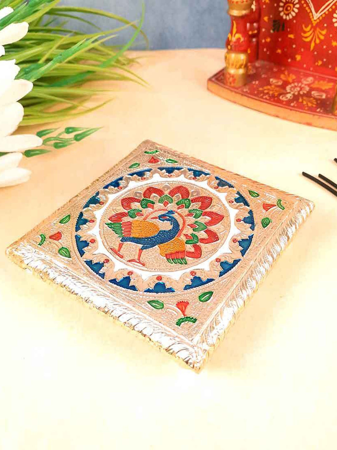 

apka mart Beige & Blue Meenakari Pooja Chowki