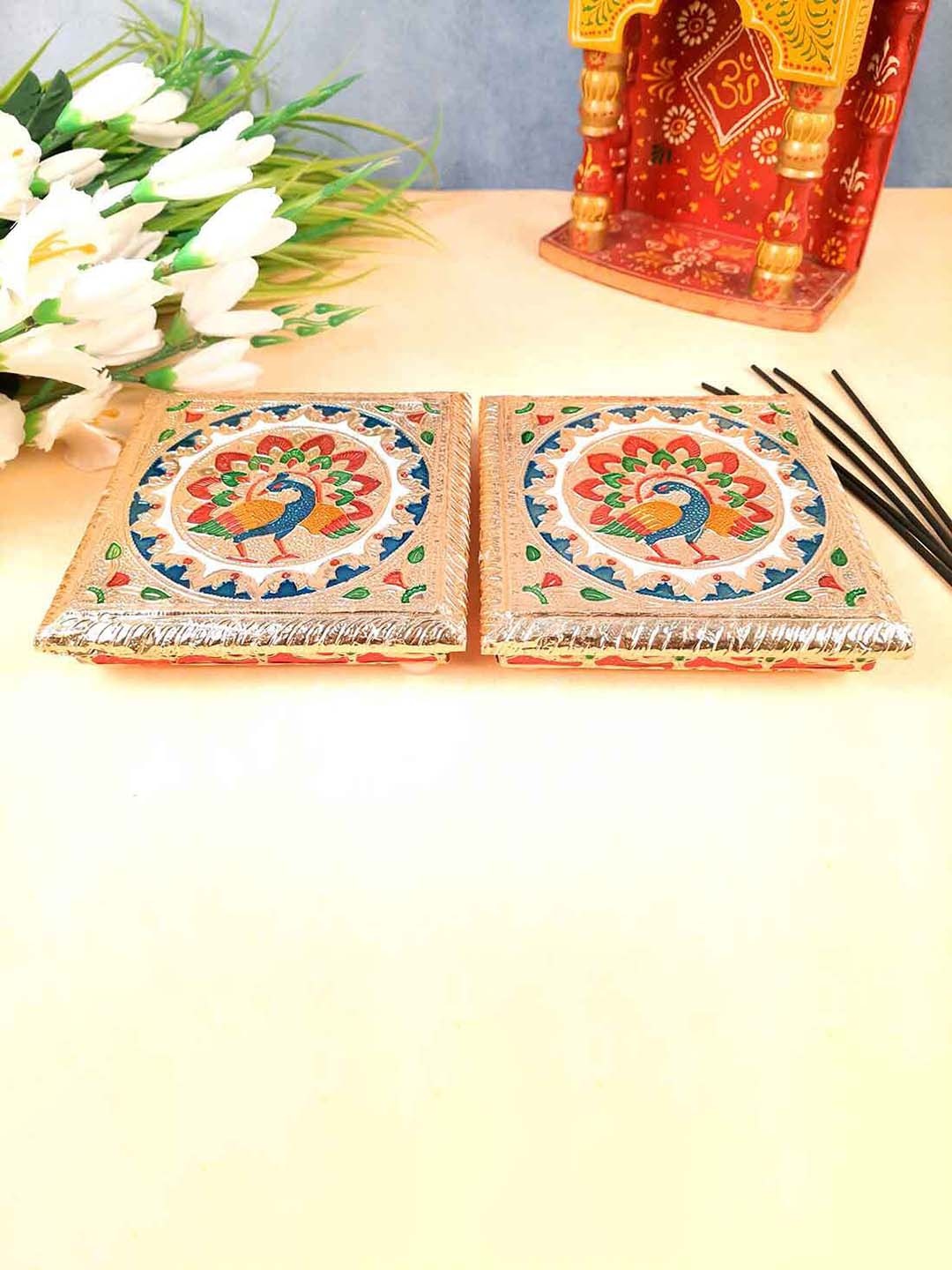 

apka mart Beige & Red 2 Pieces Meenakari Pooja Chowki
