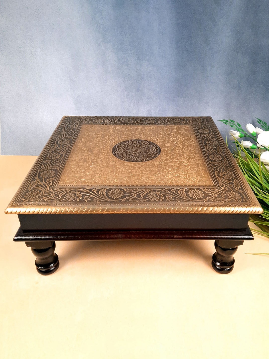 

apka mart GoldToned & Brown Wooden Bajot Chowki, Gold