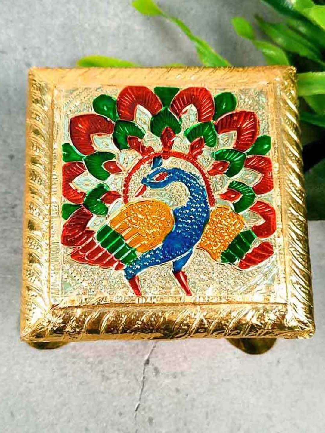 apka mart GoldToned and Red 4 Pieces Wooden Minakari Pooja Chowki, Gold