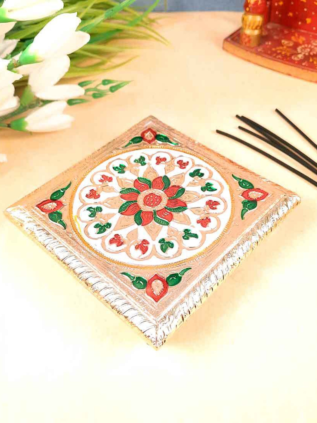 

apka mart Peacock Design Pooja Chowkis, Beige