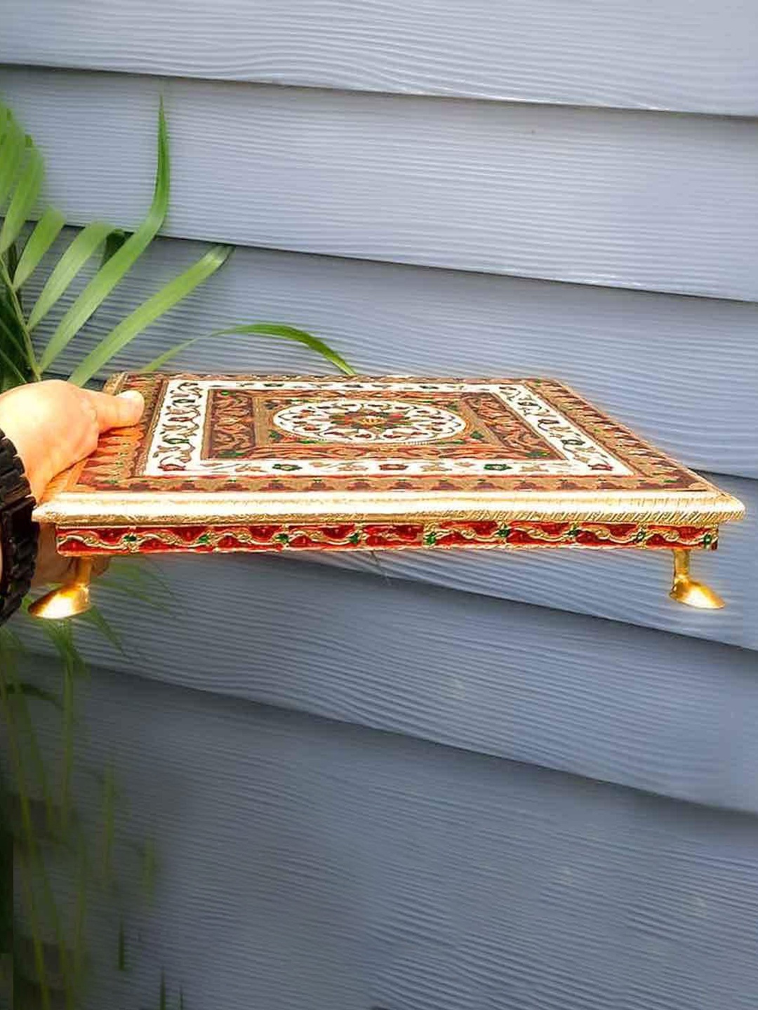 

apka mart Yellow & Red Wooden Minakari Chowki, Gold