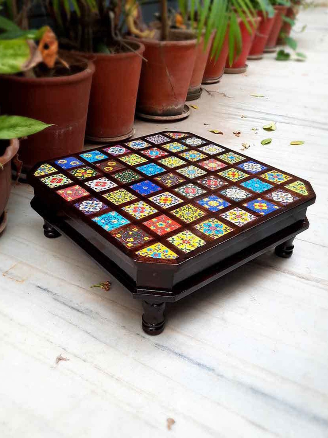 

apka mart Brown & Blue Wooden Chowki With Ceramic Tiles