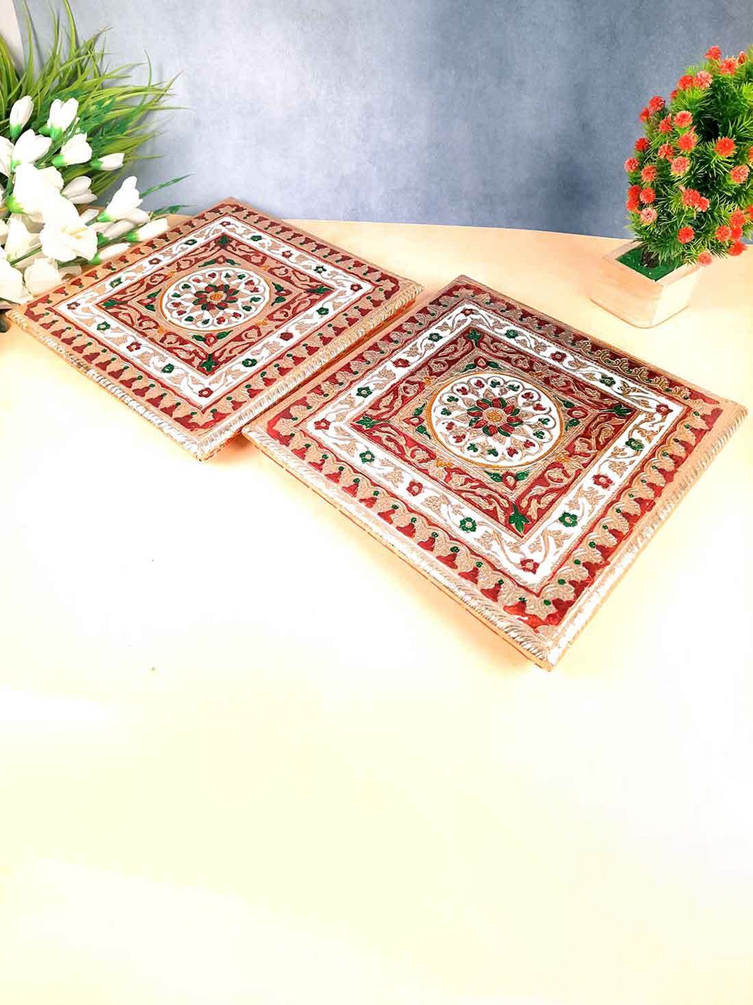 

apka mart Beige & White 2 Pieces Meenakari Pooja Chowki