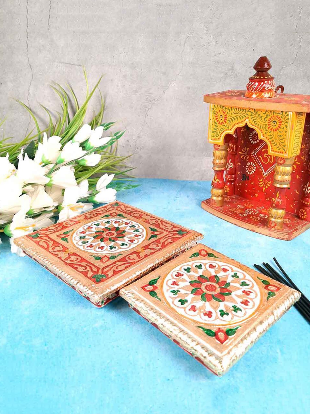 

apka mart GoldToned and Green 2 Pieces Wooden Pooja Chowki Bajot, Gold