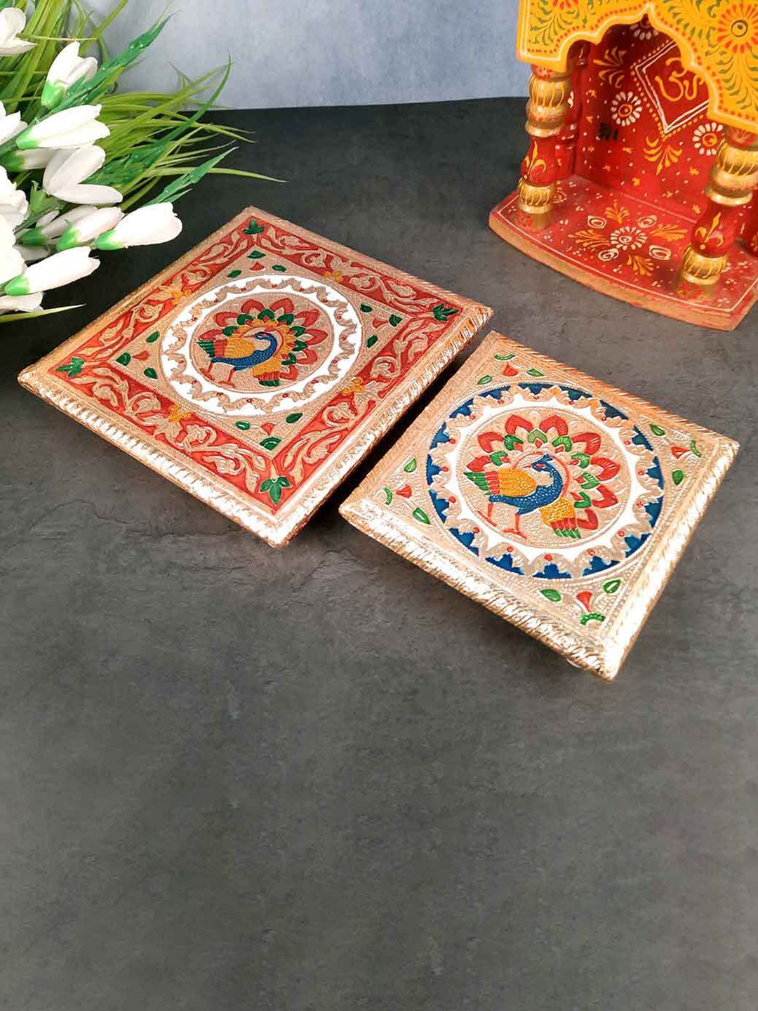 

apka mart GoldToned and Blue 2 Pieces Wooden Pooja Chowki Bajot, Gold