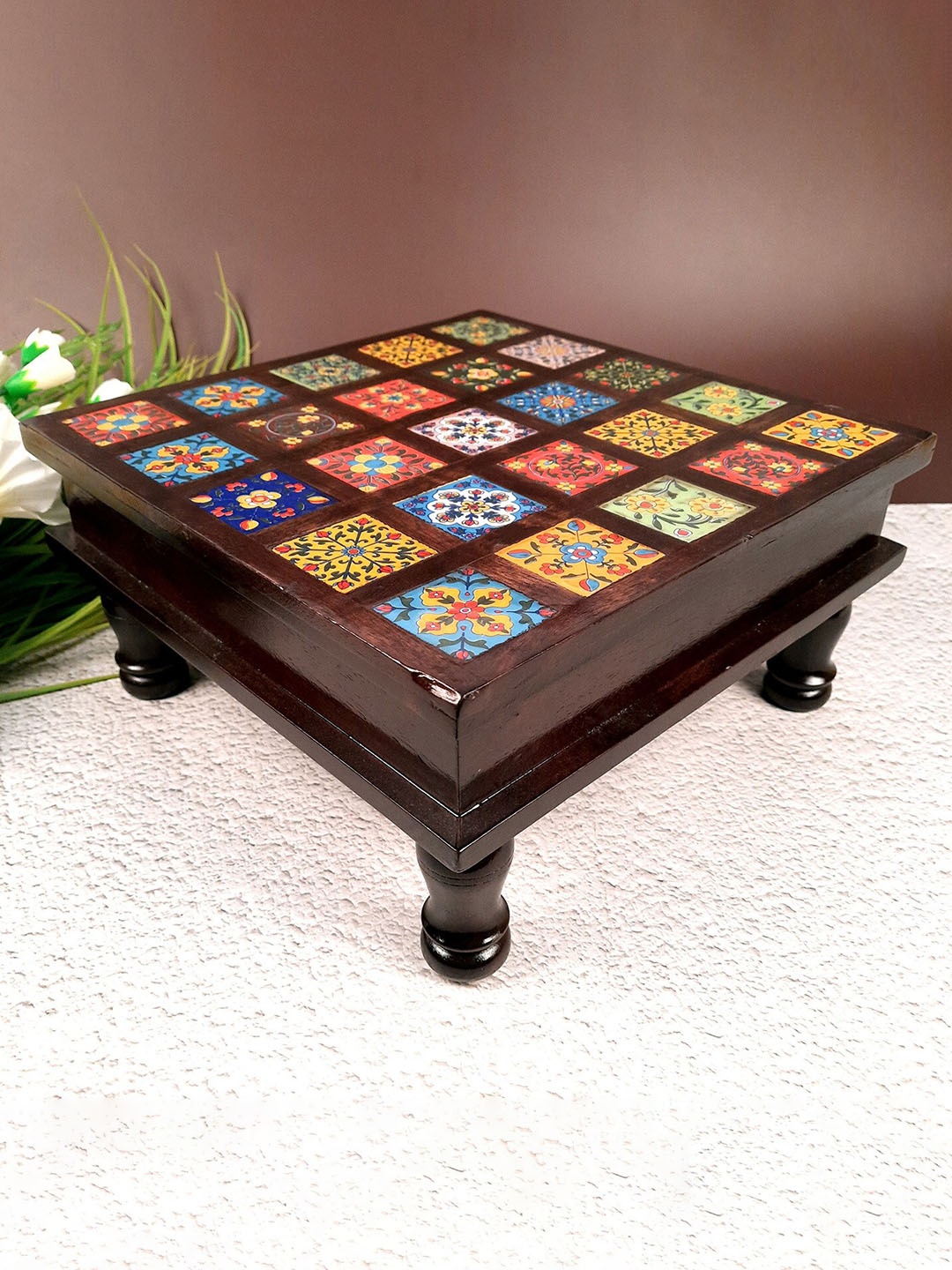 

apka mart Brown Wooden Chowki With Ceramic Tiles